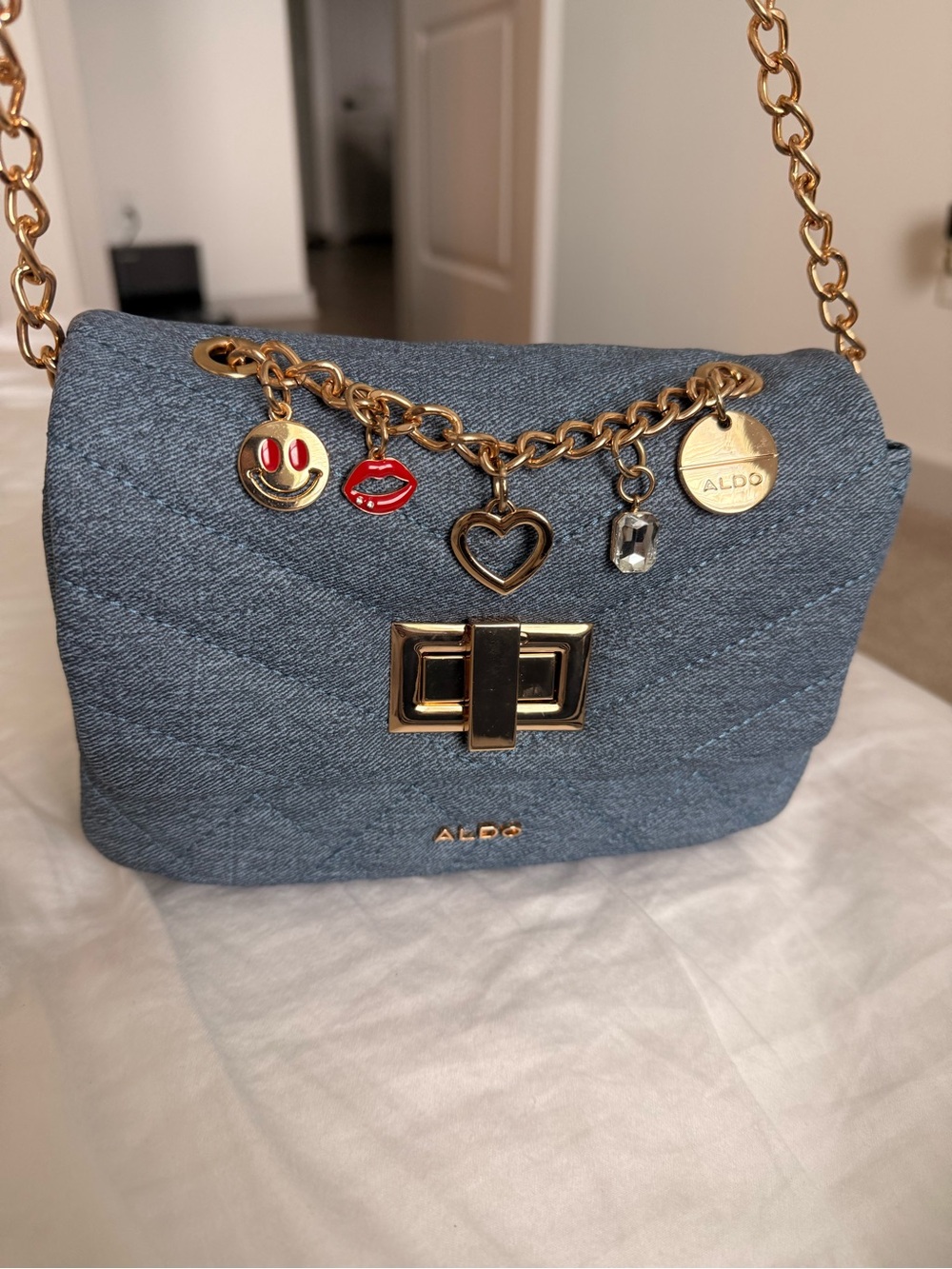 Aldo Denim-Textured Quilted Shoulder Bag with Charm Chain - Picture 4 of 5